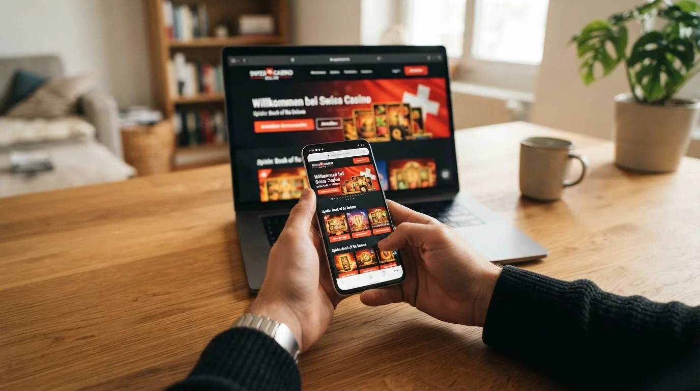 Smartphone in der Hand mit geöffnetem Casino-Spiel, dahinter ein Laptop mit derselben Casino-Startseite