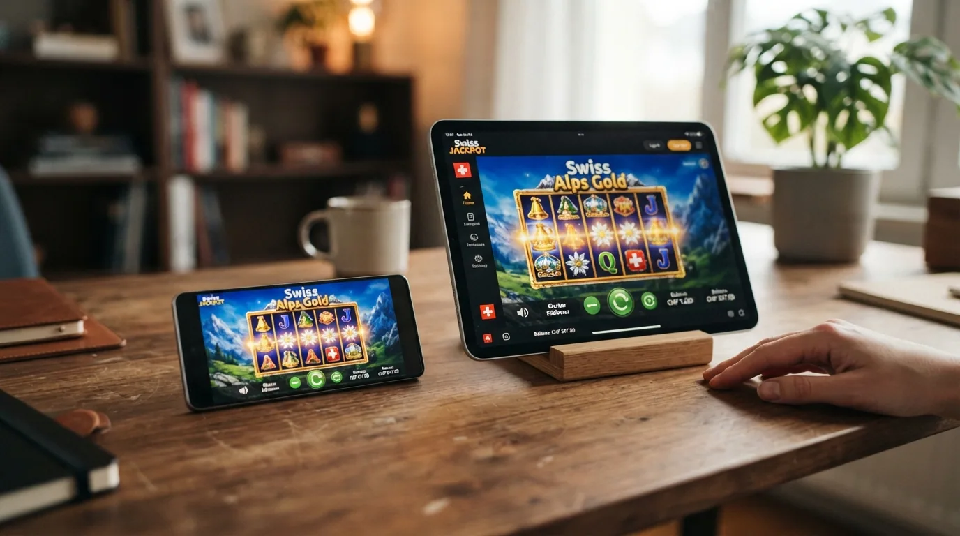 Smartphone mit geöffneter Casino-Web-App und laufendem Spielautomaten — daneben ein Tablet mit derselben Ansicht