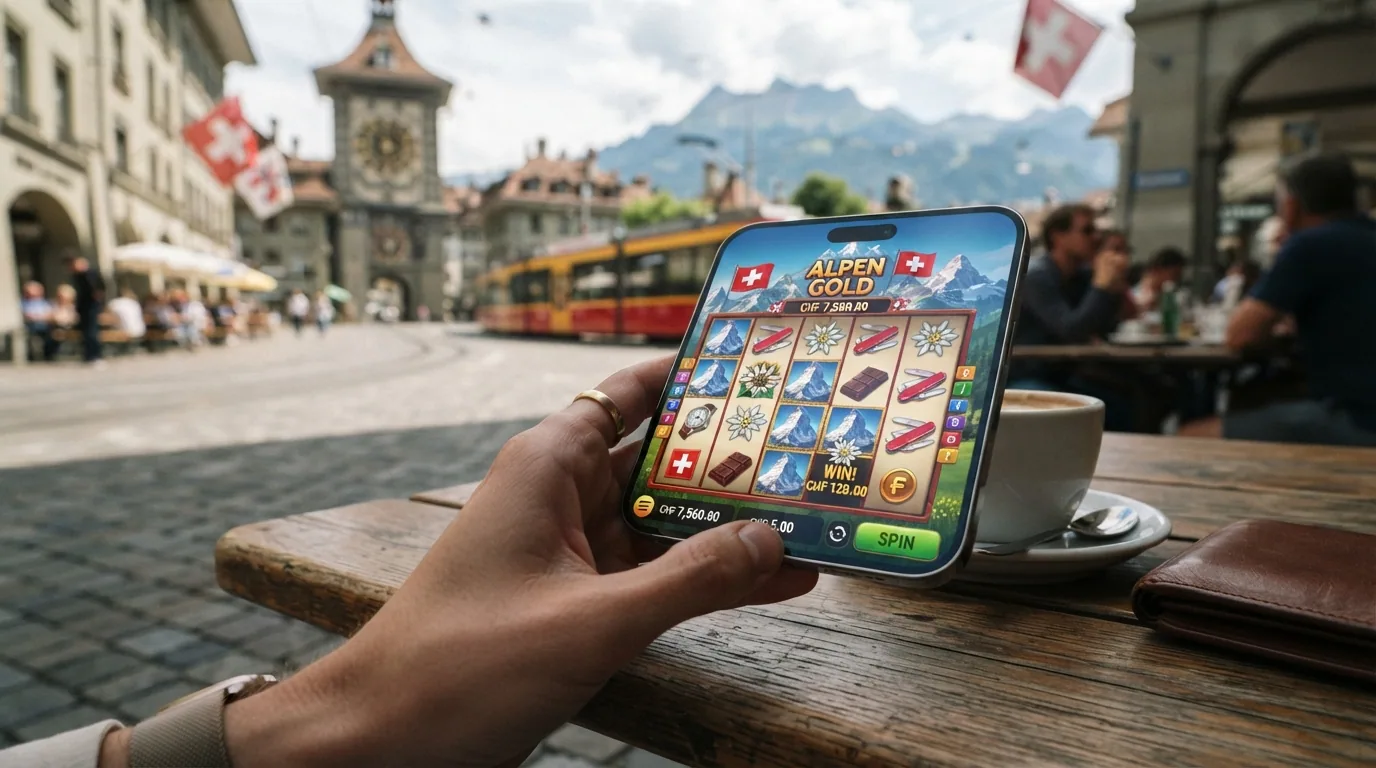 Ein Smartphone in Schweizer Umgebung, das die mobile Casino-Oberfläche eines lizenzierten Anbieters zeigt, mit Slot-Walzen und CHF-Guthaben
