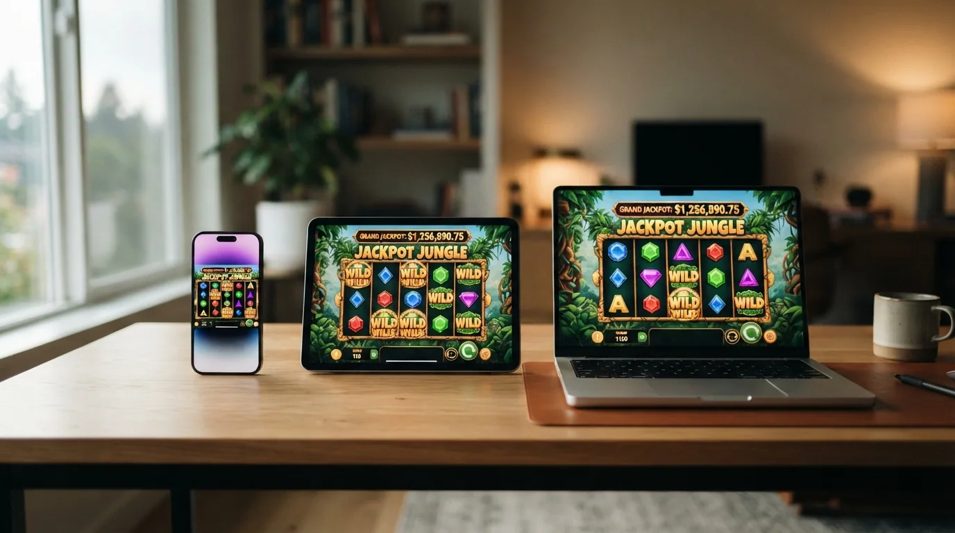 Drei Geräte – Smartphone, Tablet und Laptop – zeigen denselben Jackpot-Slot, die Jackpot-Summe ist auf allen identisch