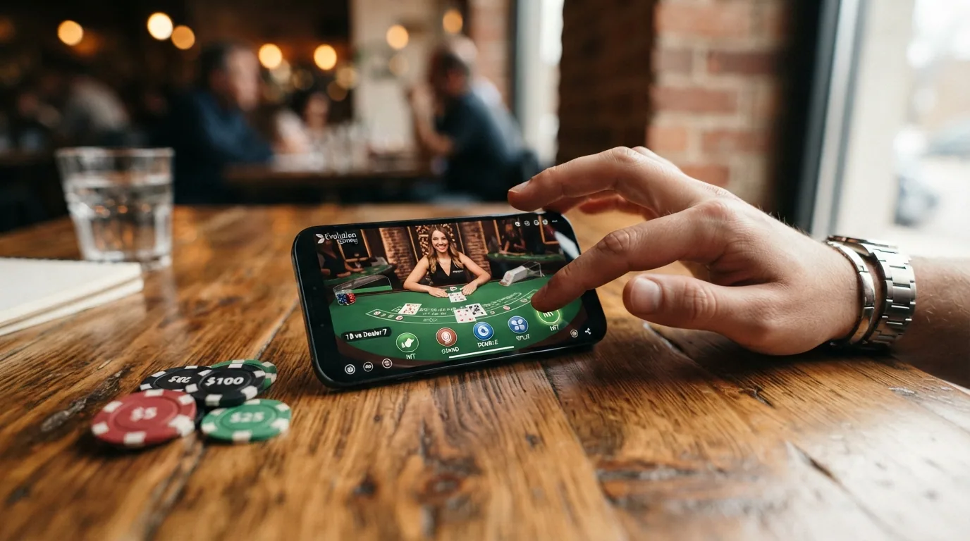 Ein Smartphone im Querformat mit einem Live-Blackjack-Tisch auf dem Display, daneben ein Chip-Stapel auf einem Tisch
