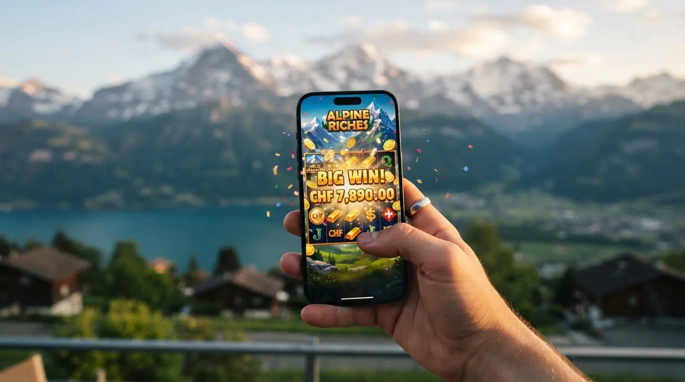 Ein Smartphone in der Hand mit einem geöffneten Slot-Spiel, im Hintergrund eine Schweizer Bergkulisse