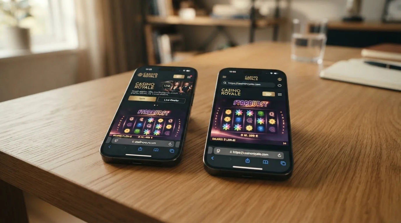 Zwei Smartphones nebeneinander: links eine native Casino-App mit Icon, rechts die gleiche Plattform im mobilen Browser