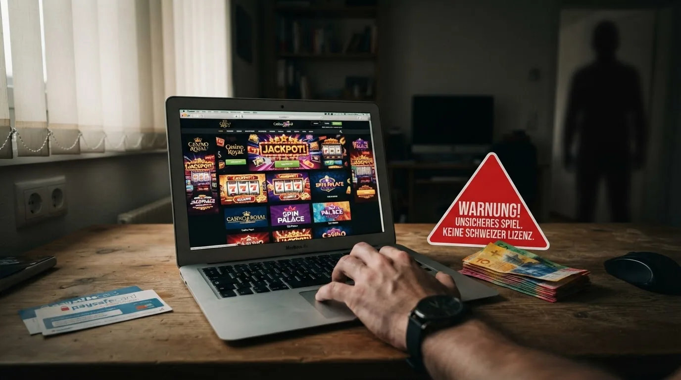 Ein rotes Warnsignal vor einer stilisierten Weltkarte mit durchgestrichenen Casino-Chips ausserhalb der Schweizer Grenzen