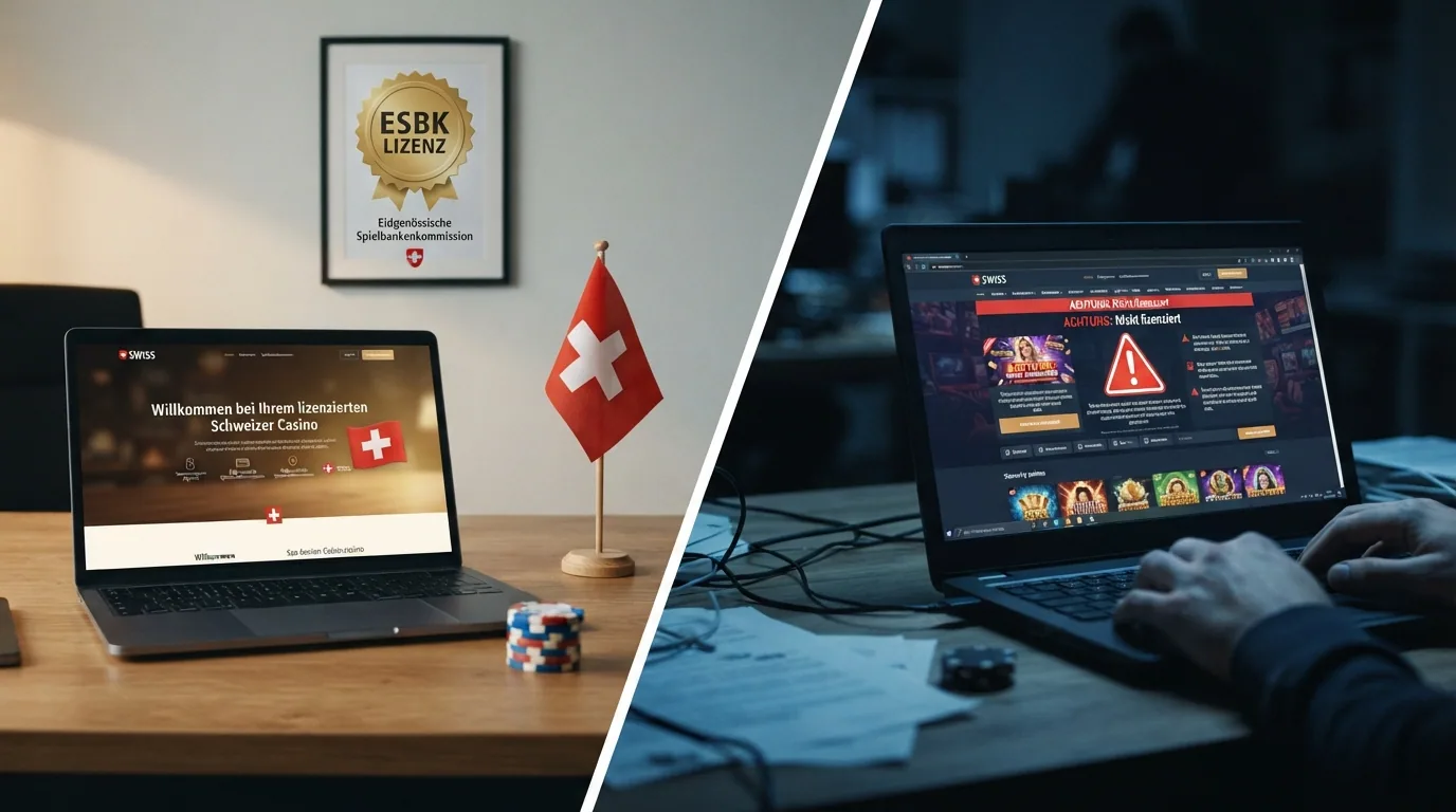 Geteiltes Bild: links ein Schweizer Casino mit ESBK-Siegel, rechts eine anonyme Offshore-Website mit Warnsymbol