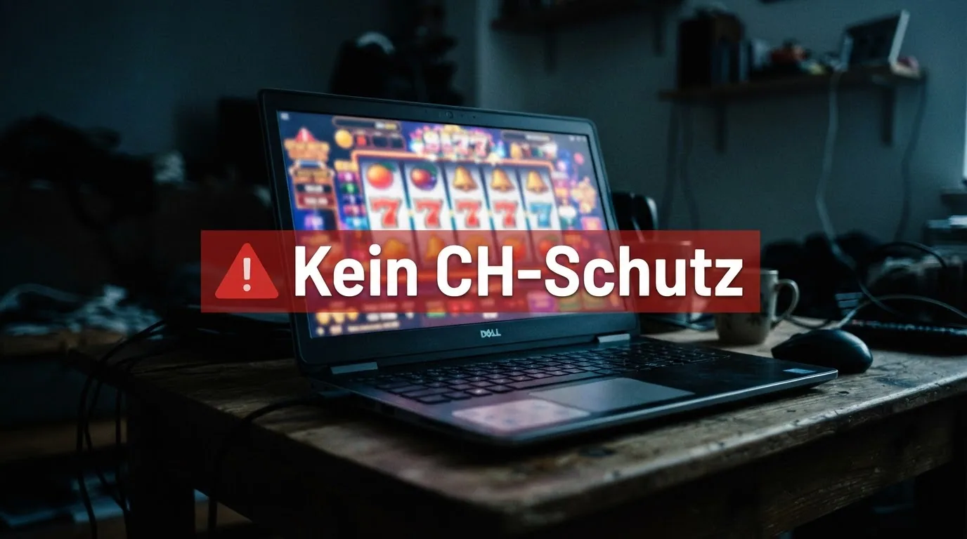 Bunte Slot-Symbole hinter einer durchsichtigen Wand mit «Kein CH-Schutz»-Schriftzug, im Vordergrund ein Warnsymbol