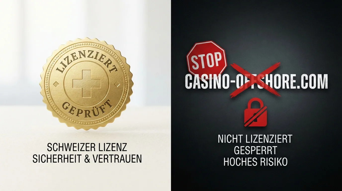 Geteiltes Bild: links ein Schweizer Casino-Logo mit ESBK-Siegel, rechts eine durchgestrichene Offshore-URL mit roter Warnmarkierung und Schloss-Symbol