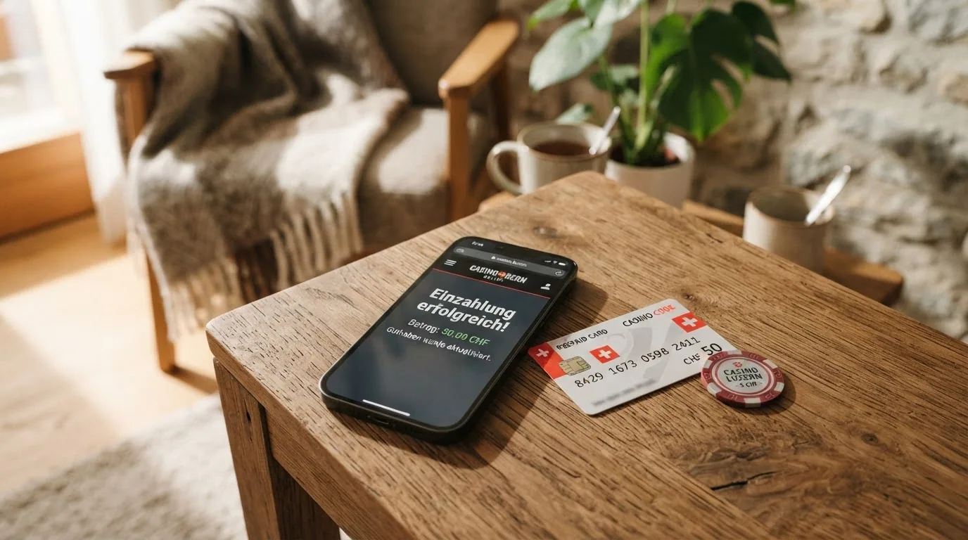 Eine Paysafecard mit sichtbarem 16-stelligem Code neben einem Smartphone mit Casino-App