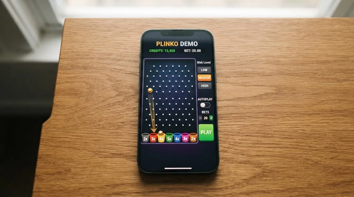 Die Demo-Version eines Plinko-Spiels mit sichtbarem Spielgeld-Guthaben und offenem Risikostufen-Menü