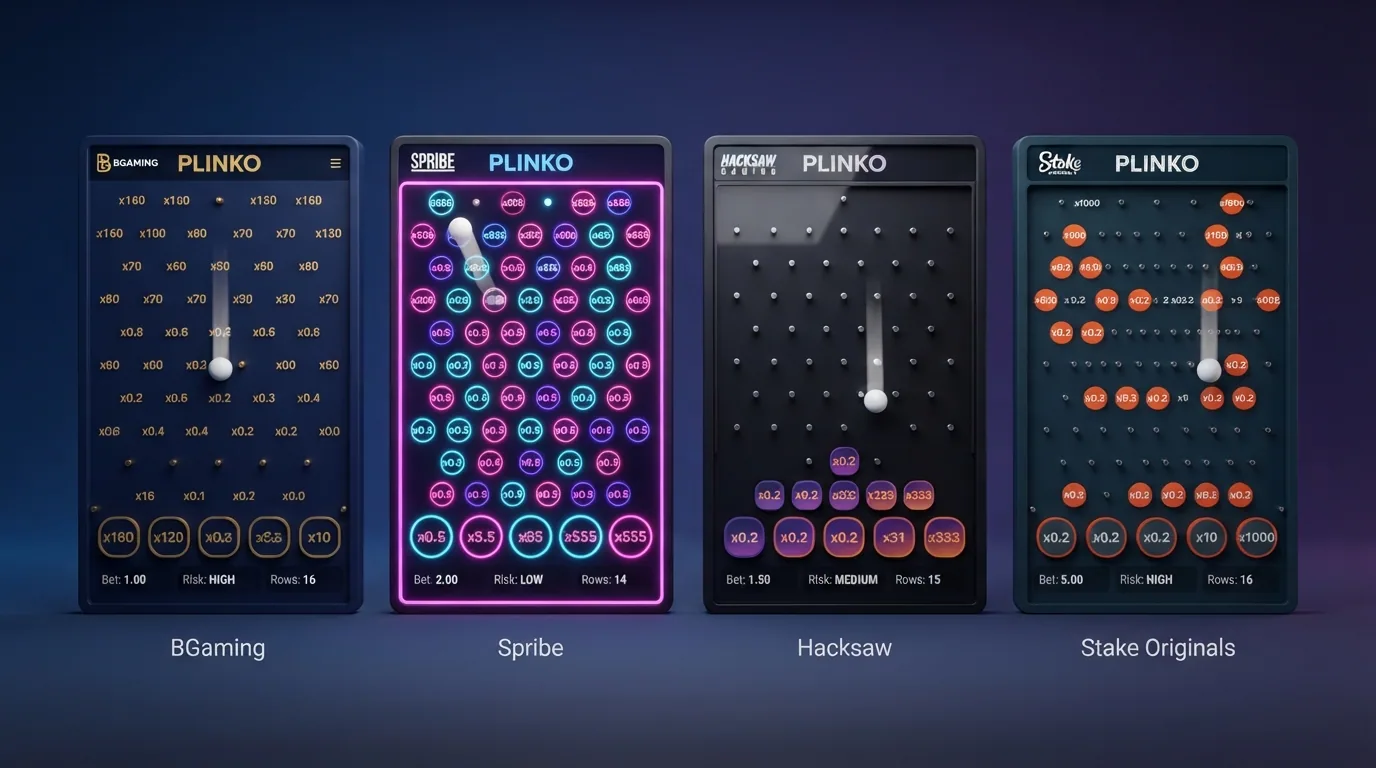 Vier Plinko-Spieloberflächen nebeneinander – BGaming, Spribe, Hacksaw und Stake Originals