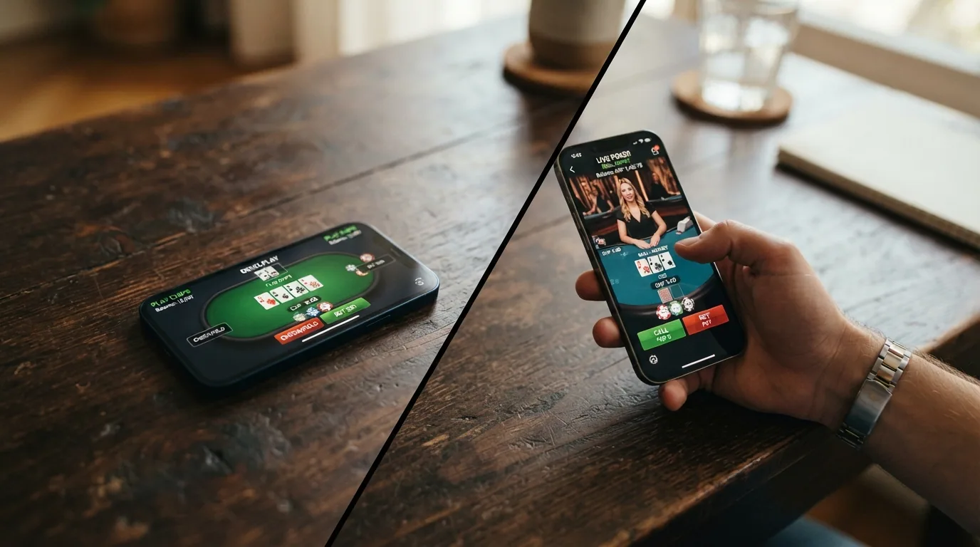Split-Screen: linke Hälfte Demo-Modus mit Spielgeld-Chips, rechte Hälfte Echtgeld-Tisch mit CHF-Einsätzen