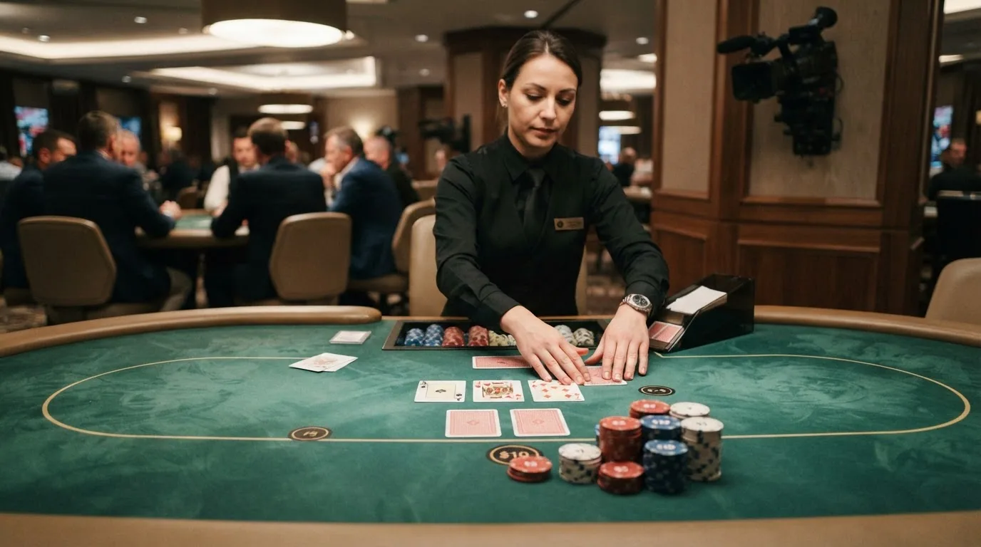 Live-Casino-Pokertisch mit Dealer im Bild, überblendet mit Spielvarianten-Karten (Casino Hold'em, Caribbean Stud, Three Card Poker)