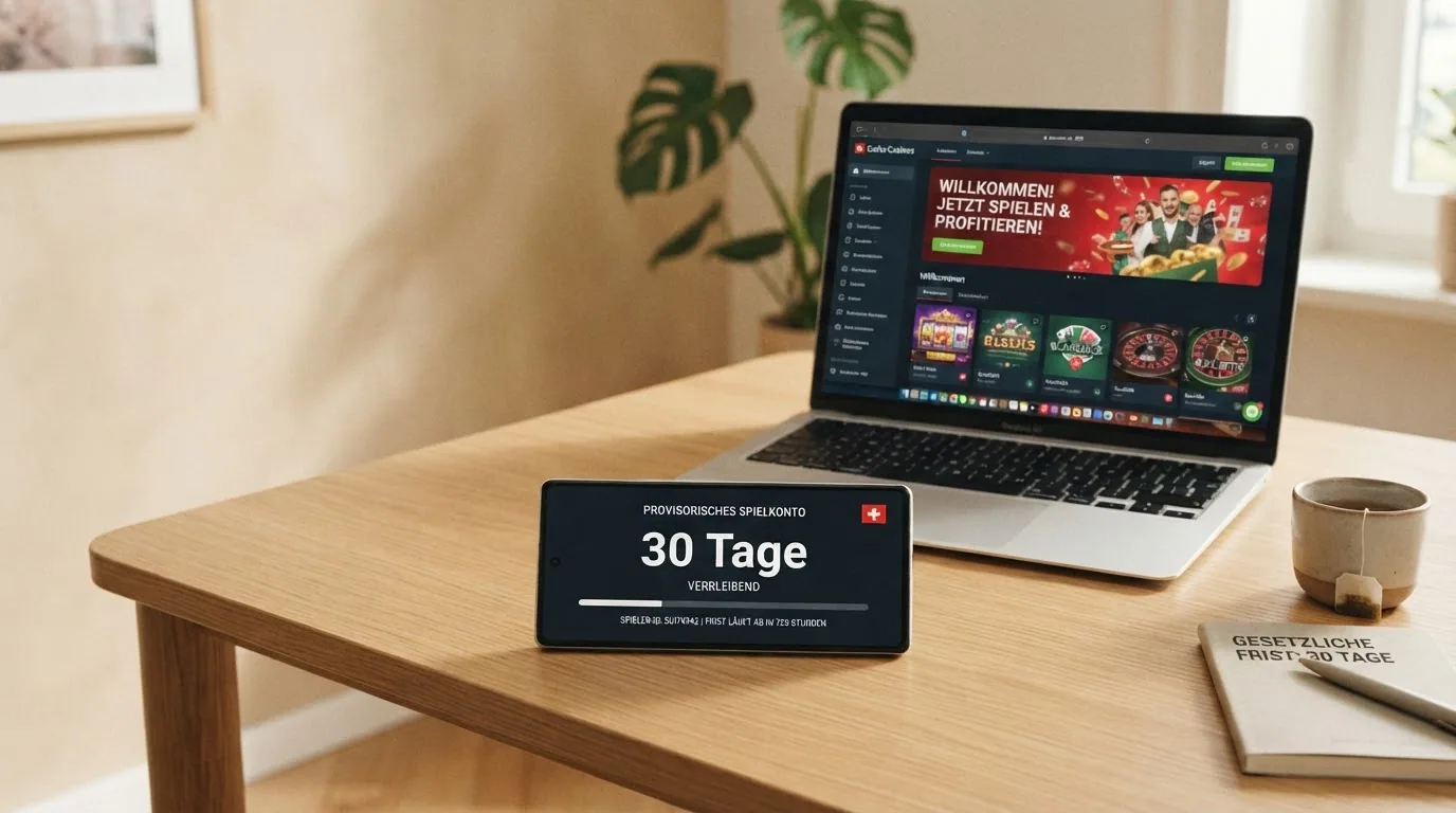 Countdown-Uhr mit 30 Tagen auf einem Smartphone-Bildschirm, daneben eine Casino-Lobby im Hintergrund