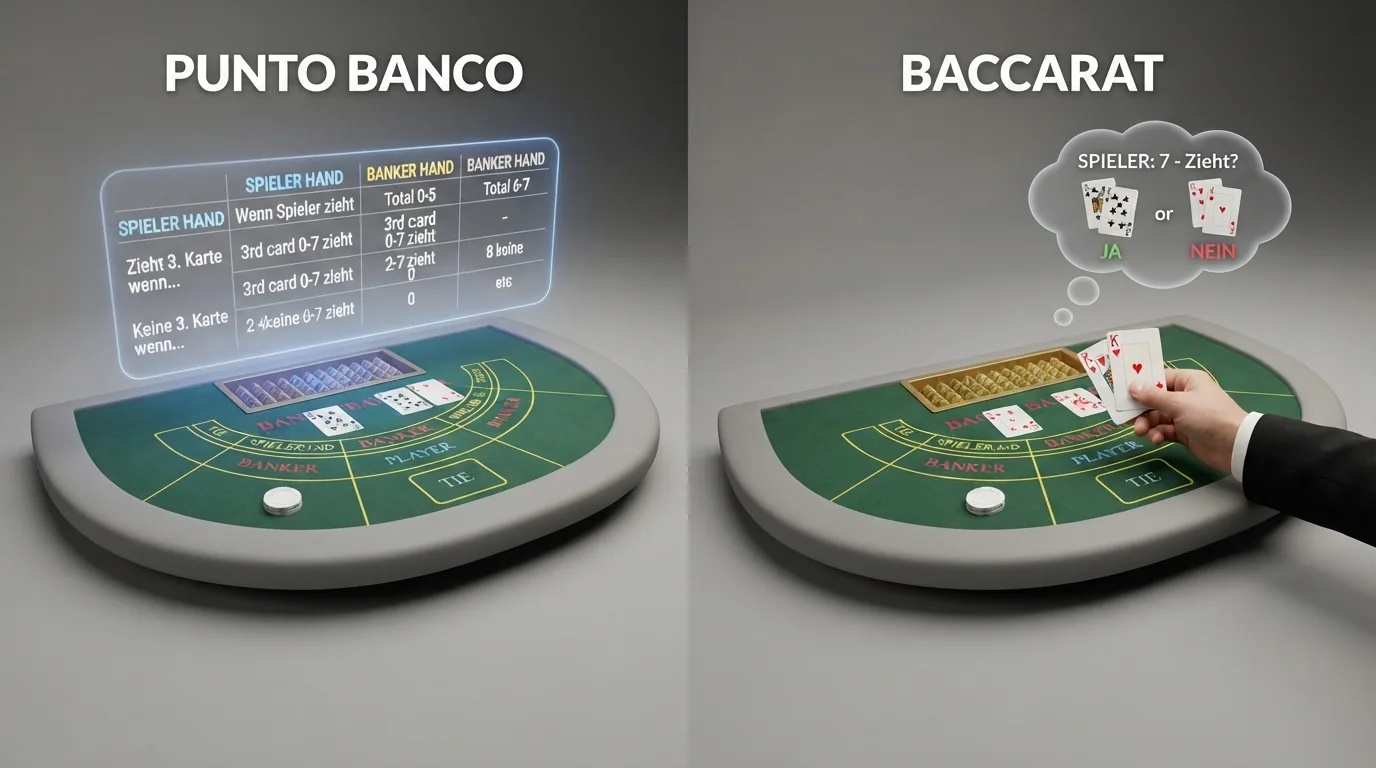 Eine visuelle Gegenüberstellung der Spielprinzipien von Punto Banco und Baccarat mit ihren unterschiedlichen Tischlayouts und Regelkarten
