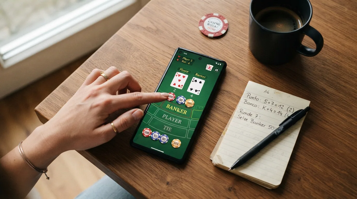 Die Benutzeroberfläche eines Punto-Banco-Demospiels mit virtuellen Chips, Spielgeld-Anzeige und den Setzfeldern auf dem Bildschirm