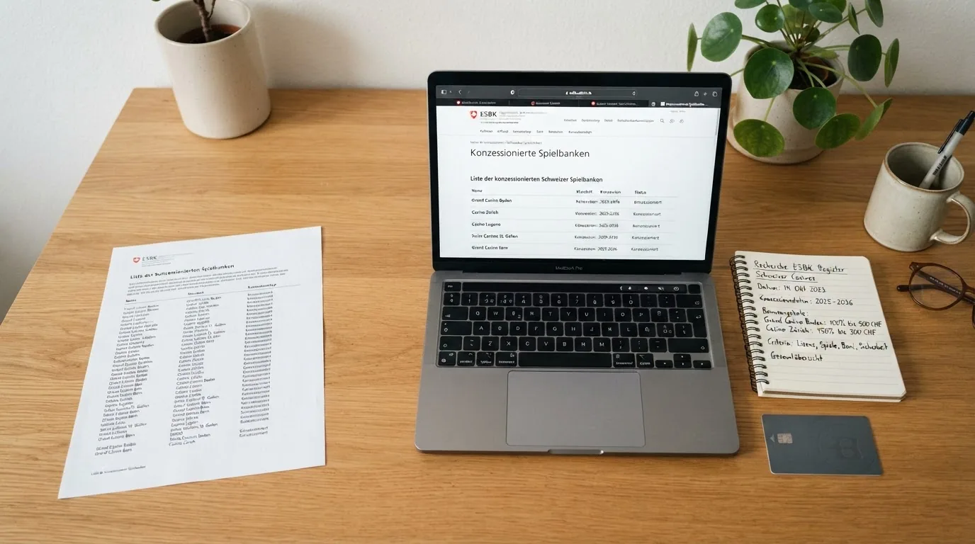 Eine Arbeitsfläche mit ESBK-Register-Auszug, Betreiber-Websites und Notizen, ordentlich angeordnet