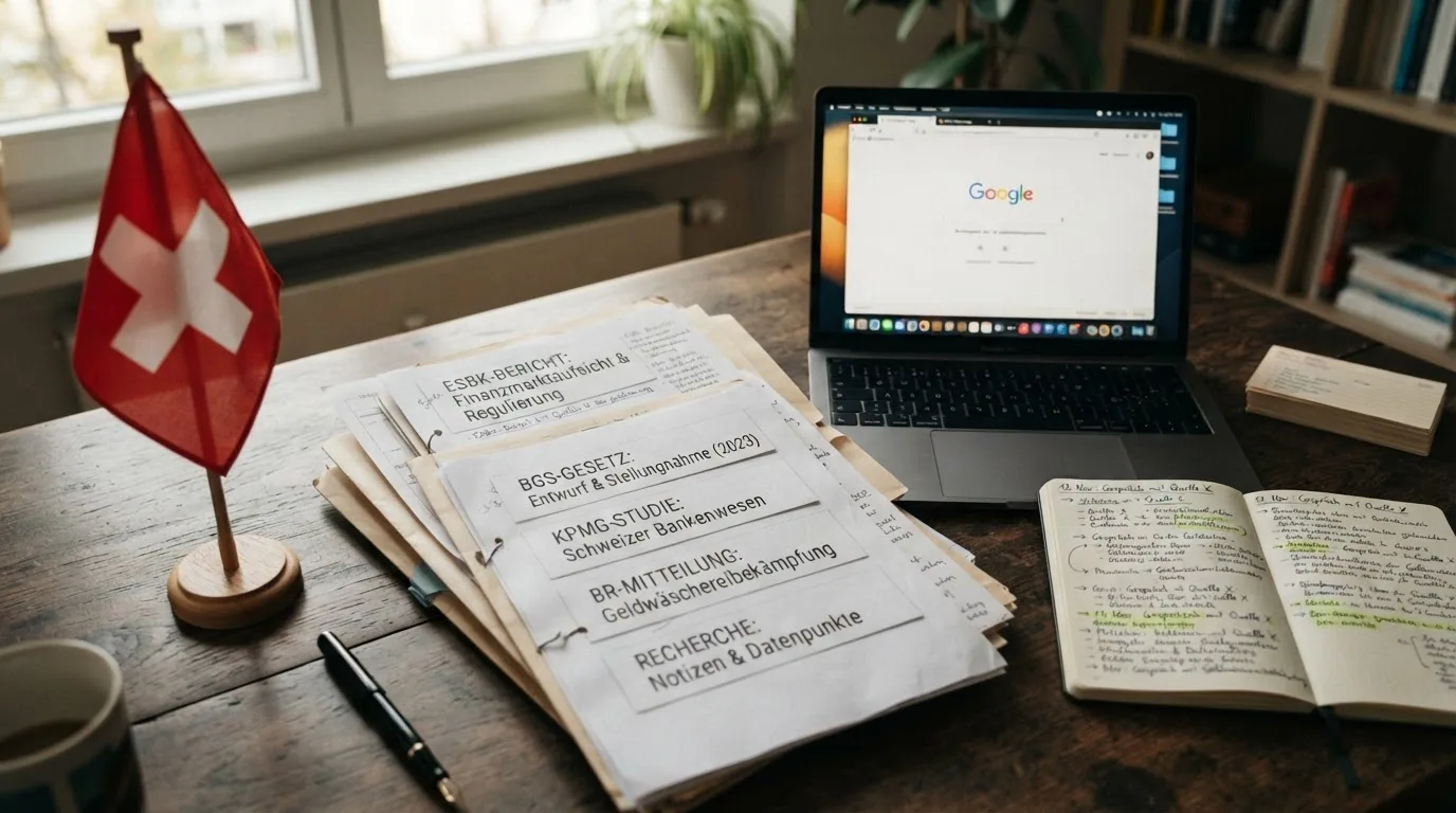 Schreibtisch-Perspektive mit Dokumenten: ESBK-Bericht, BGS-Gesetzestext, KPMG-Studie, Betreiber-Websites