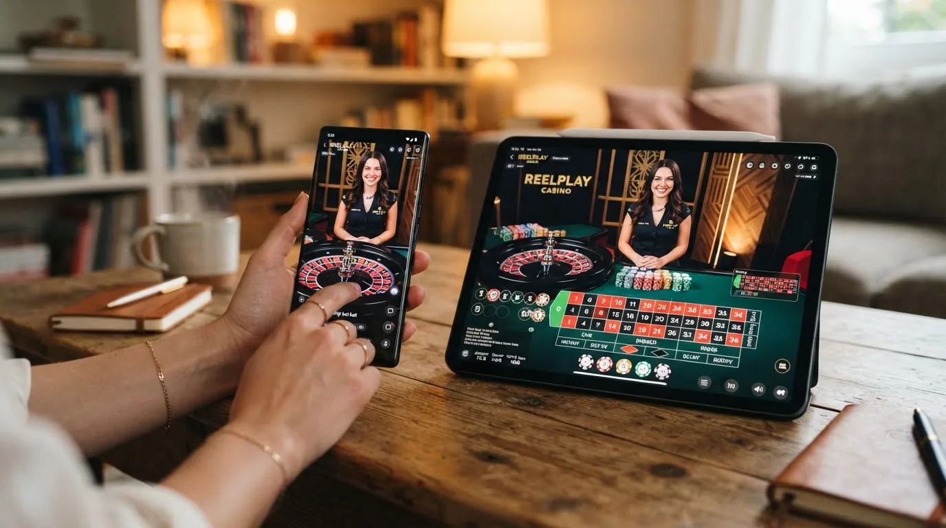Smartphone mit Live-Roulette-Stream im Querformat, daneben Tablet mit Casino-Lobby — beide mit CH-Casino-Interface