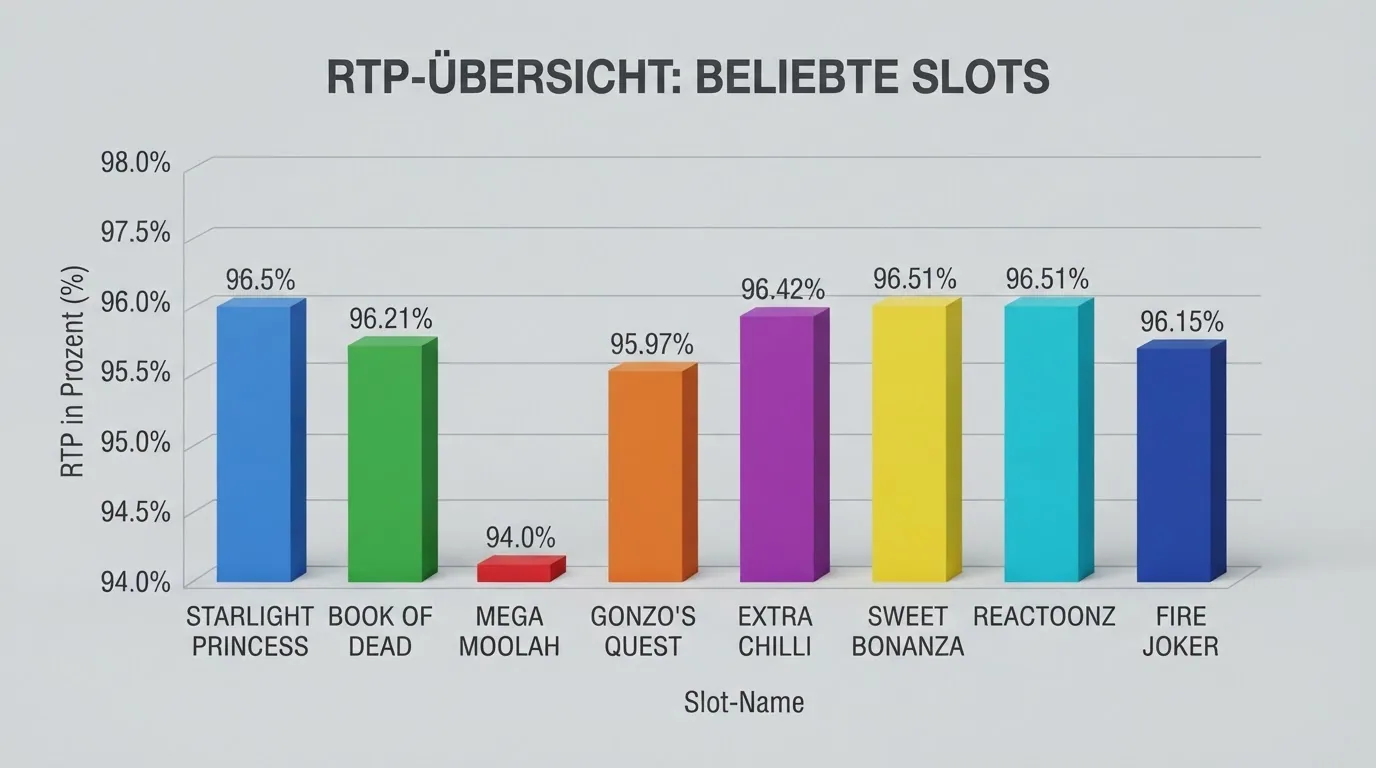 Ein Balkendiagramm mit RTP-Prozentwerten verschiedener Slots (Book of Dead 96,2 %, Ugga Bugga 99,07 %) und einer erklärenden Beschriftung