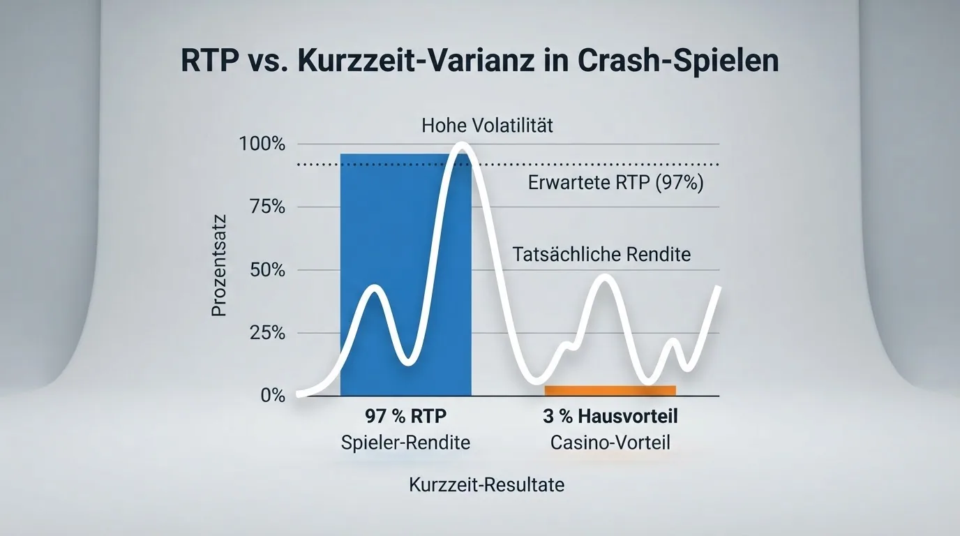 Infografik: RTP-Prozentsatz vs. tatsächliche kurzfristige Rendite bei 100 Crash-Runden