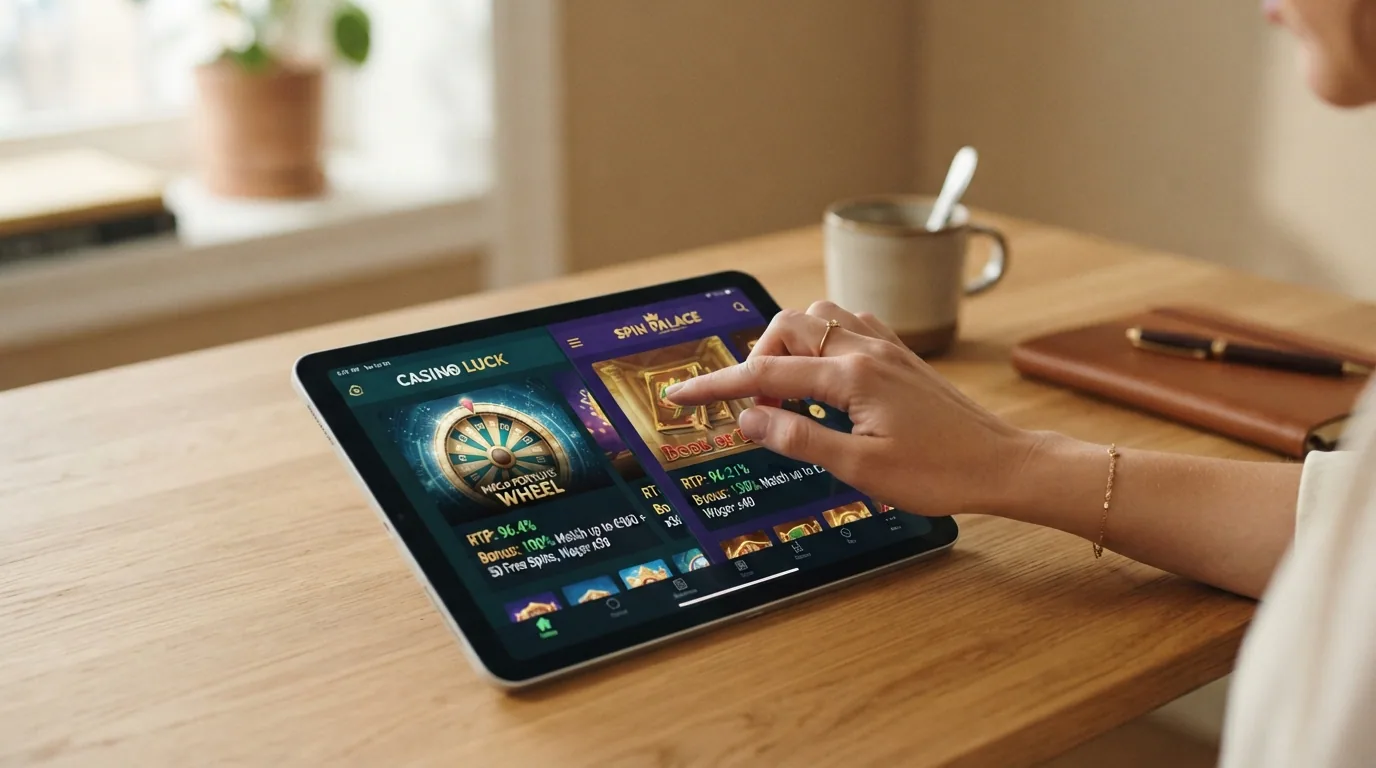Eine Hand, die auf einem Tablet zwischen zwei Casino-Apps mit angezeigten RTP-Werten und Bonus-Bedingungen navigiert