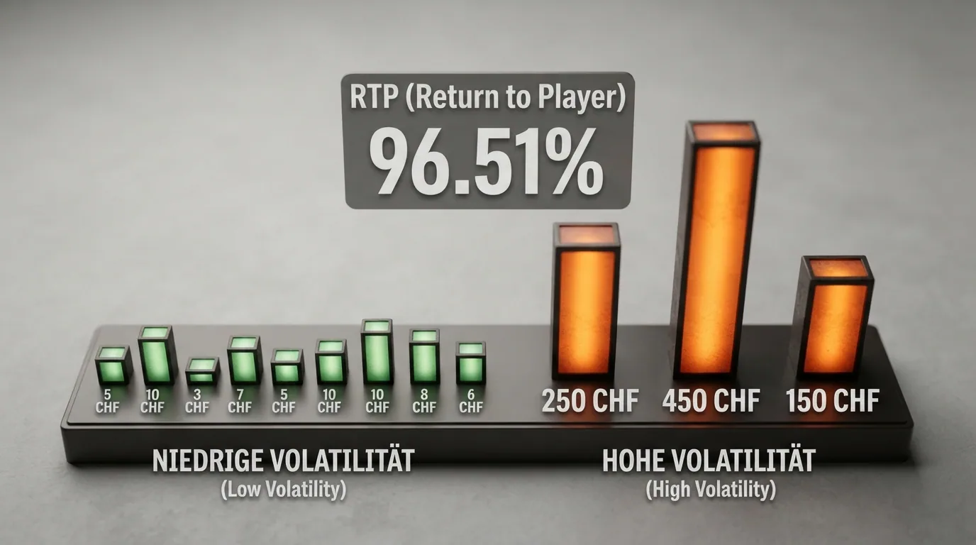 Ein Pfeil-Diagramm: tiefe Volatilität (viele kleine Balken, flache Kurve) vs. hohe Volatilität (wenige hohe Balken, steile Ausschläge), mit RTP-Prozent darüber