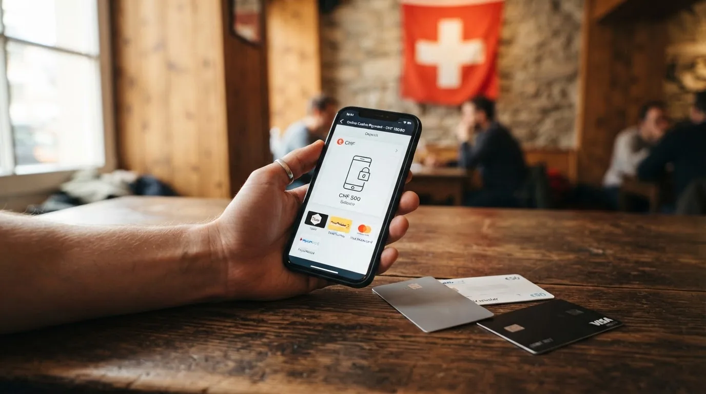 Eine Hand hält ein Schweizer Smartphone mit geöffneter TWINT-App neben Kreditkarten und paysafecard-Logo auf einem dunklen Hintergrund