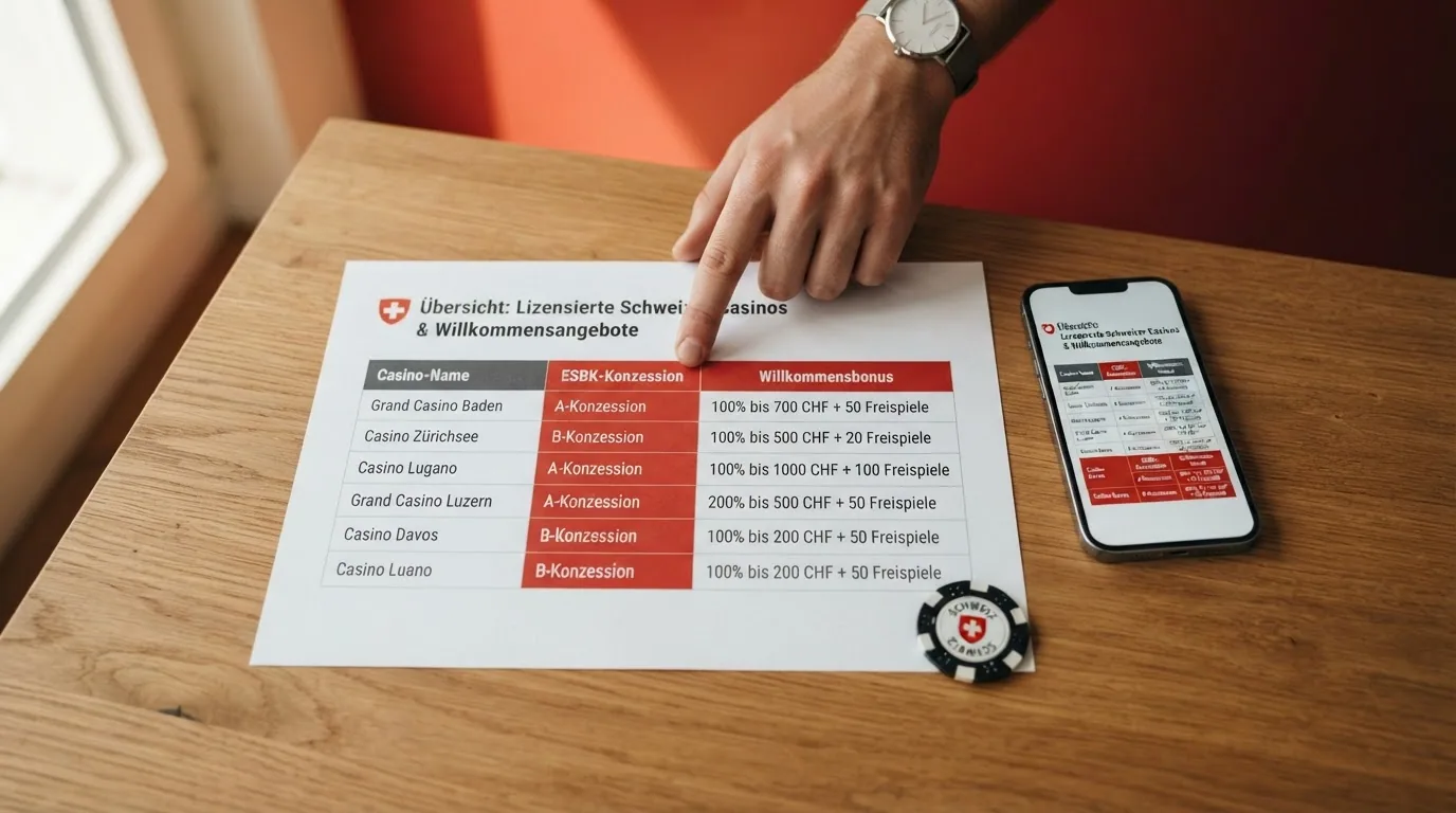 Eine übersichtliche Tabellenansicht mit Spalten für Casino-Name, Konzession, Bonus und einer Hervorhebung der ESBK-Lizenzspalte in Schweizer Rot