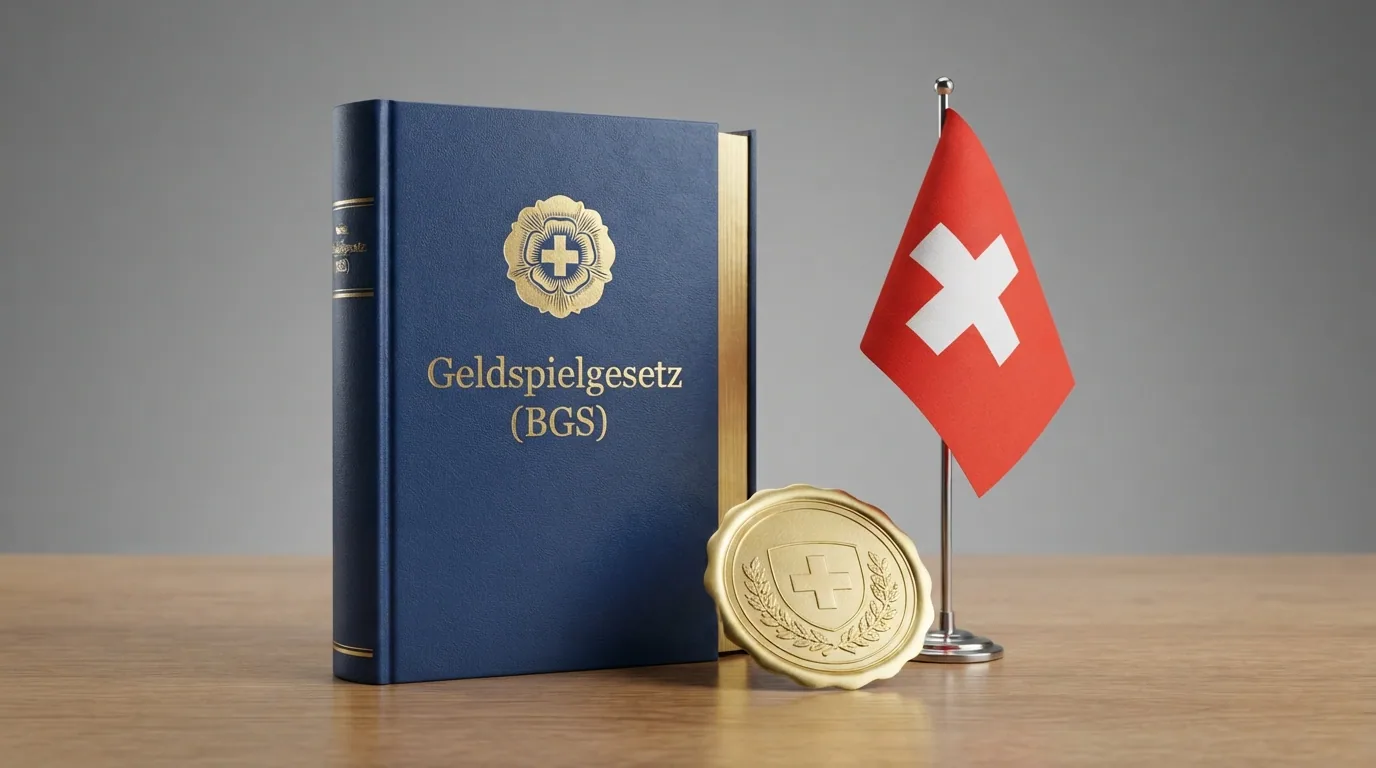 Schweizer Gesetzestext mit Bundeswappen und ESBK-Logo, daneben Symbol für Spielerschutz