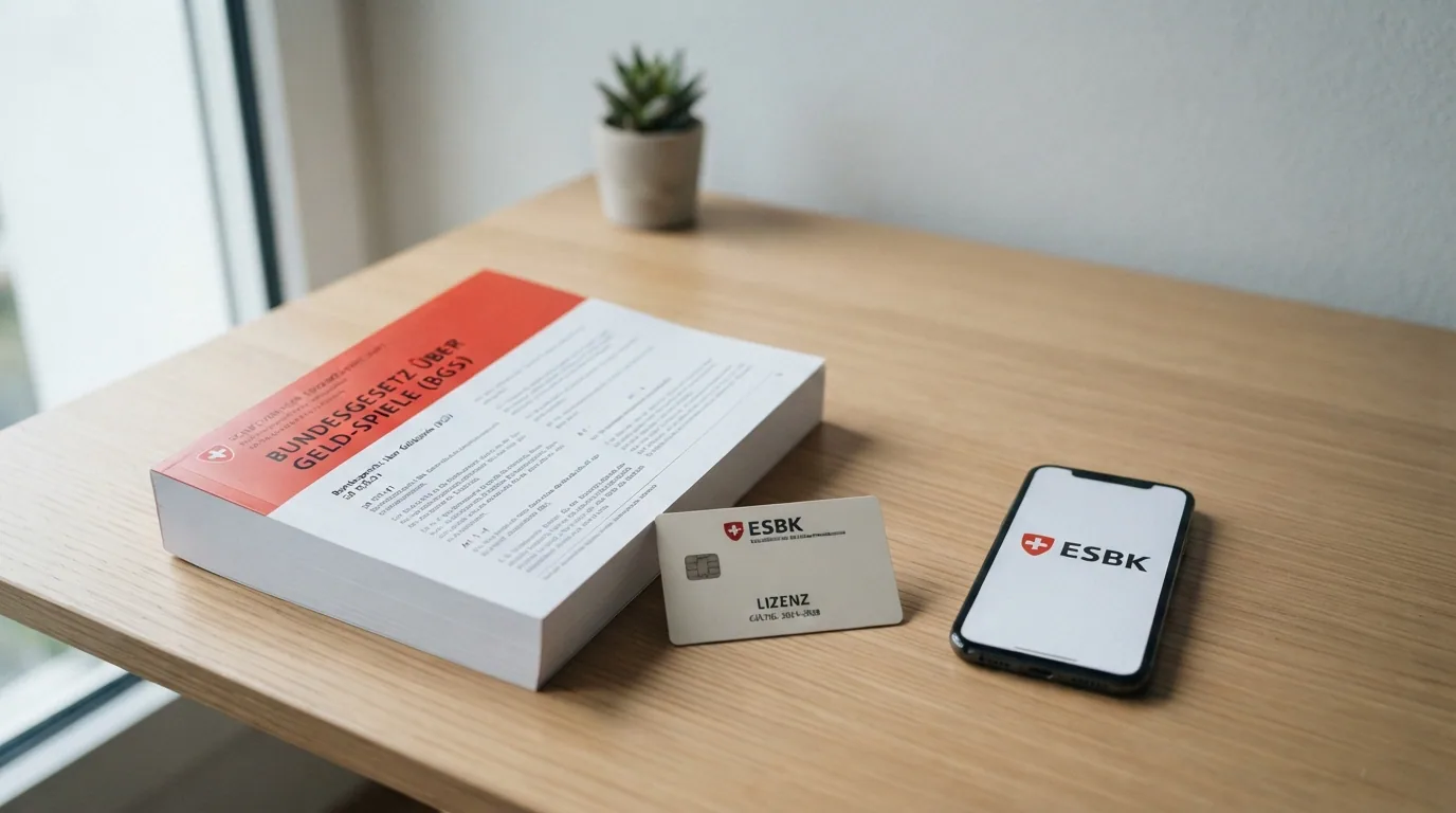 Das Bundesgesetz über Geldspiele (BGS) als Buch oder Dokument mit Schweizer Hoheitszeichen, daneben das ESBK-Logo