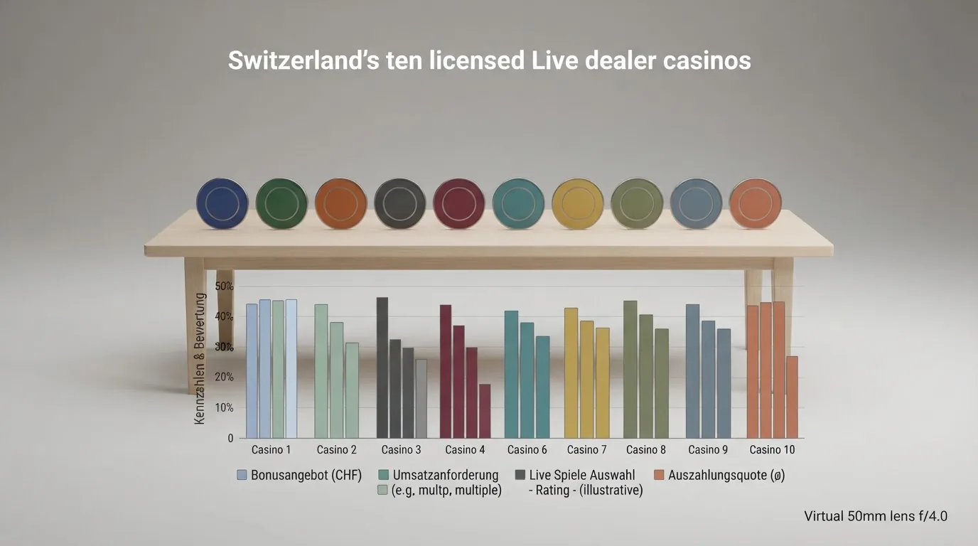 Übersichtstabelle mit Logos und Daten der zehn lizenzierten Schweizer Online-Casinos, angeordnet in einer Rangliste