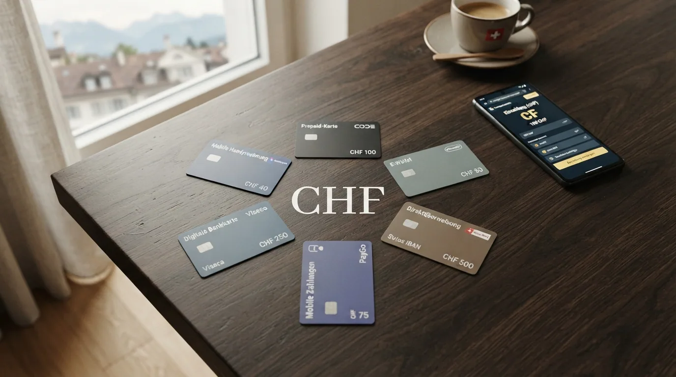 Ein Kreis aus Logos von Paysafecard, Skrill, Neteller, Trustly, Revolut und Siru Mobile, in der Mitte ein Schweizer Franken-Symbol