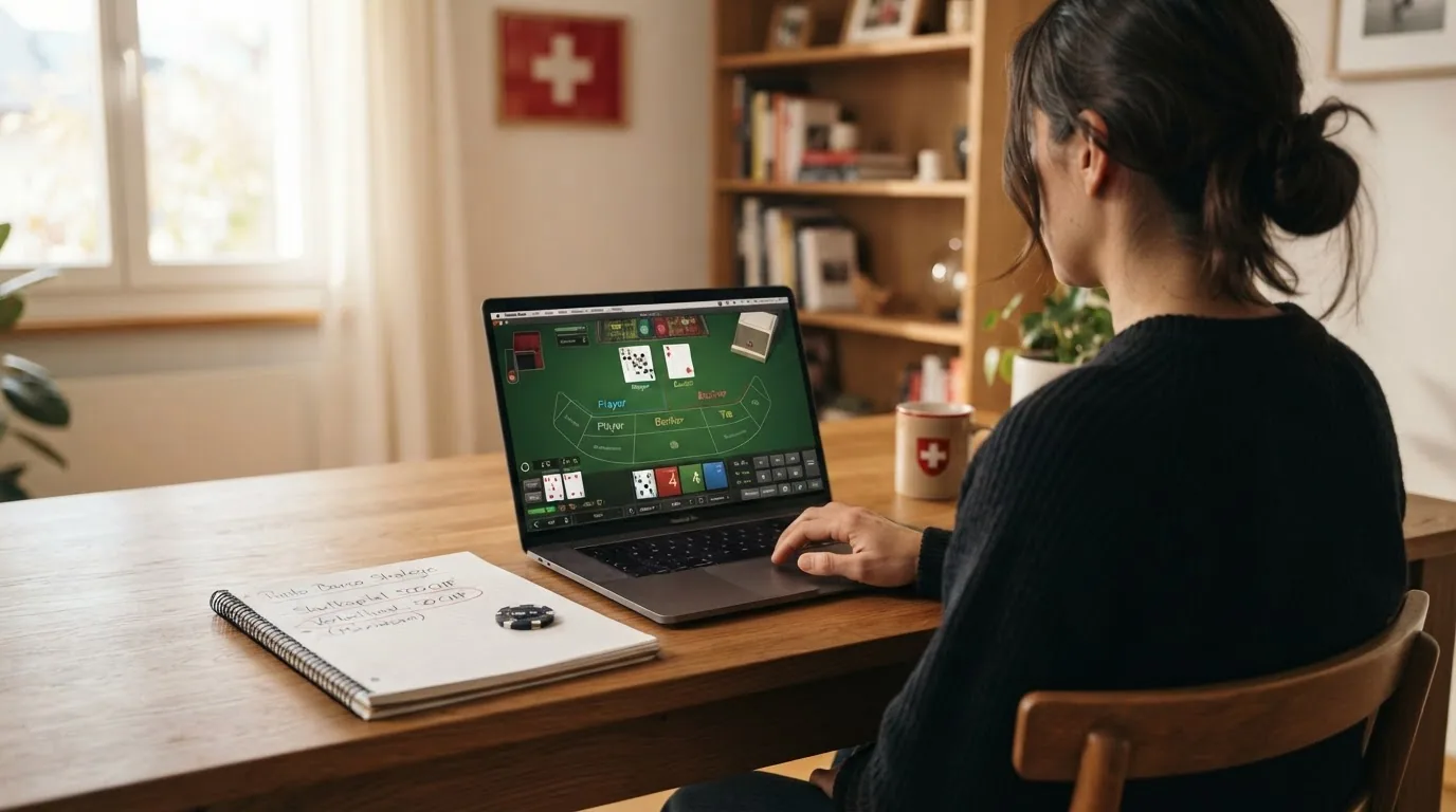 Eine Person sitzt entspannt an einem Laptop in einem Schweizer Wohnzimmer mit einer geöffneten Punto-Banco-Spieloberfläche und einem Notizblock mit Limits daneben
