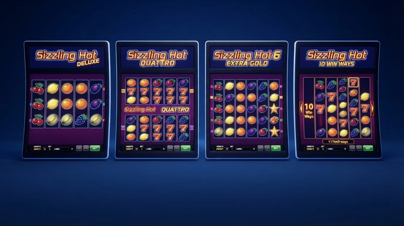 Vier Spielbildschirme der Sizzling-Hot-Varianten nebeneinander: Deluxe, Quattro mit 4 Walzensets, 6 Extra Gold und 10 Win Ways