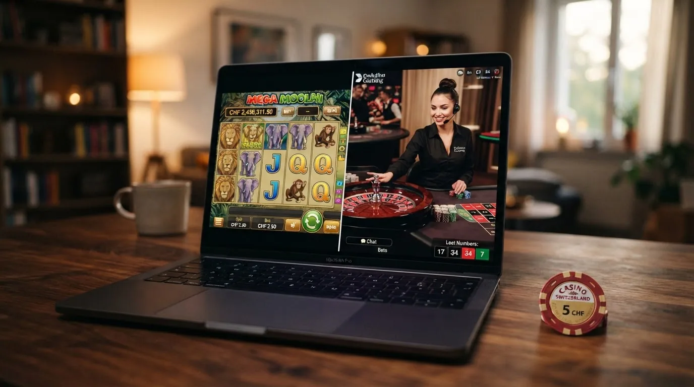 Eine Bildschirmansicht mit beliebten Spielautomaten und einem Live-Roulette-Tisch im Splitscreen