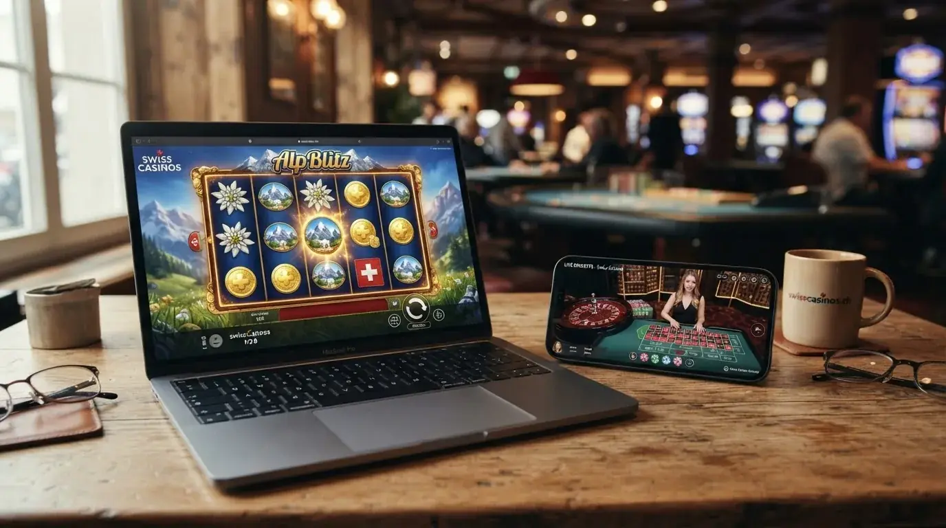 Bildschirm mit geöffnetem Slot-Spielfenster neben einem Live-Roulette-Tisch mit Dealer