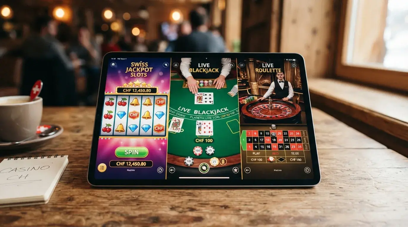 Drei Spielkategorien auf einem Tablet: Slot-Walzen, Blackjack-Hand und Live-Dealer-Stream nebeneinander