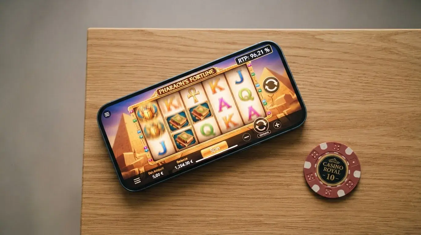 Eine Bildschirmansicht mit geöffnetem Slot-Spielfenster, mehreren Walzen mit unterschiedlichen Symbolen und einer sichtbaren RTP-Anzeige