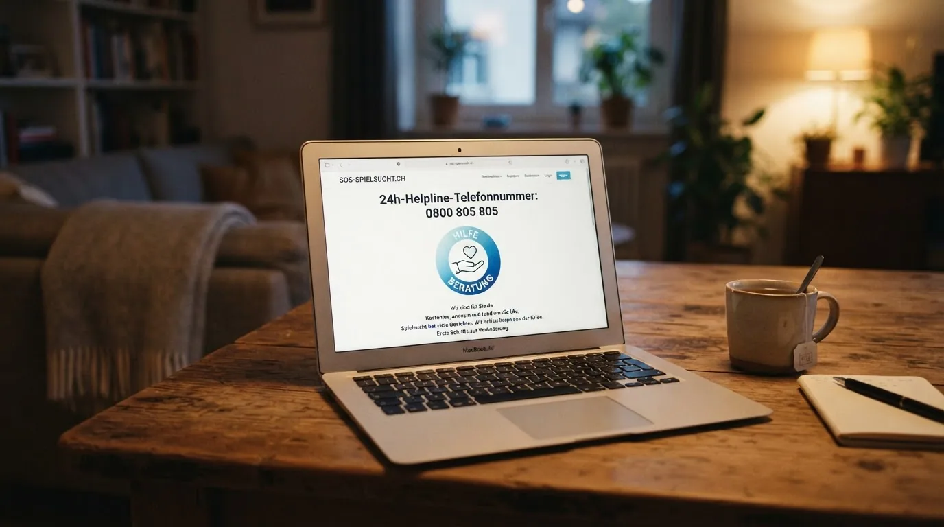 Startseite von sos-spielsucht.ch auf einem Laptop-Bildschirm, mit sichtbarer Telefonnummer der 24h-Helpline und dem SafeZone.ch-Logo