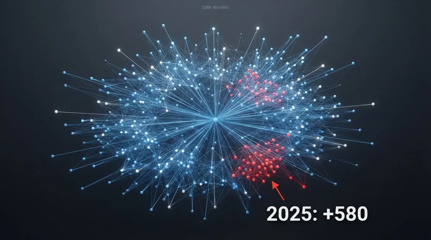 Darstellung eines Netzwerkdiagramms oder einer wachsenden Liste von Domain-Namen, mit Jahr 2025 und +580 hervorgehoben