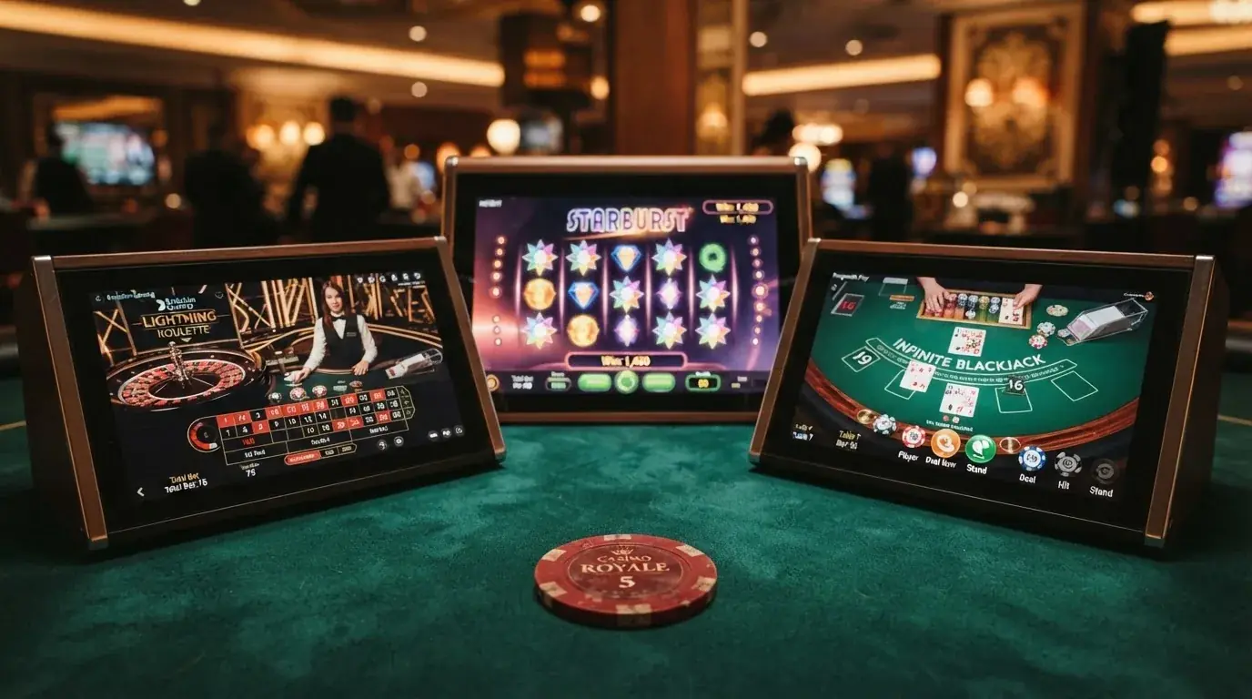 Kacheln verschiedener Spielautomaten mit Logos von NetEnt, Evolution und Pragmatic Play