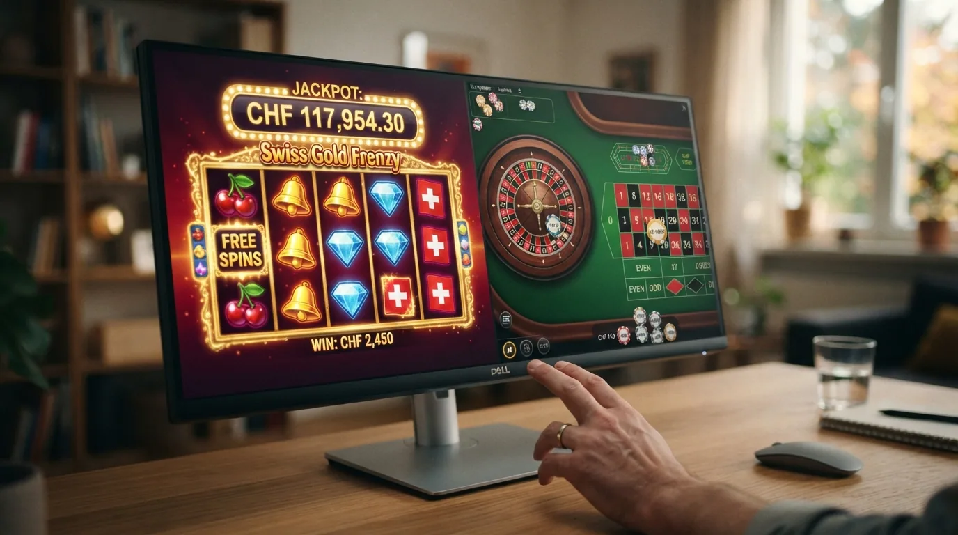 Ein bunter Spielautomat mit sichtbaren Walzen und ein Roulette-Kessel nebeneinander auf einem Bildschirm