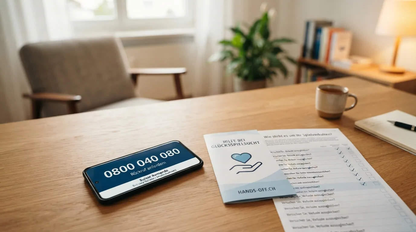 Ein Smartphone mit der Nummer 0800 040 080 auf dem Display, daneben das Logo von SOS-Spielsucht und ein geöffneter Selbsttest-Fragebogen