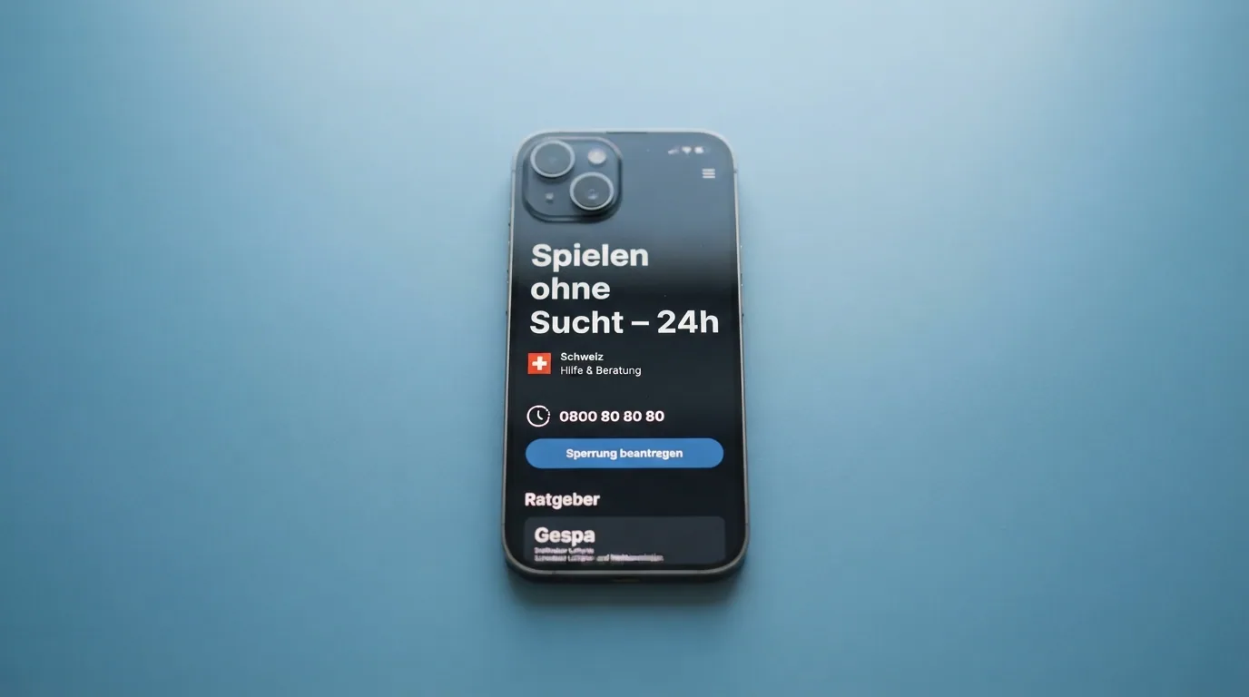 Ein Telefonhörer mit dem Schriftzug «Spielen ohne Sucht – 24h» auf einem ruhigen blauen Hintergrund