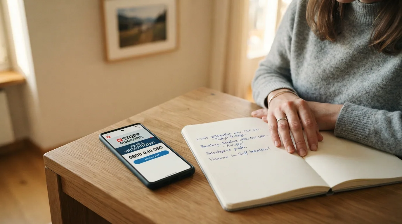 Nahaufnahme eines Smartphones mit geöffneter Hilfs-App, daneben Notiz mit Helpline-Nummer