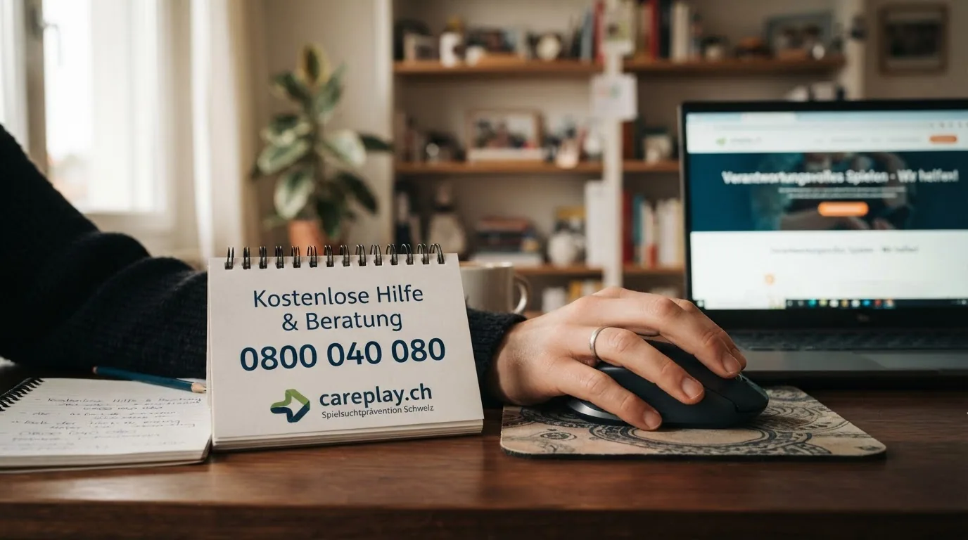 Eine Hand auf einer Computermaus, daneben ein Notizblock mit der Nummer 0800 040 080 und dem careplay.ch-Logo
