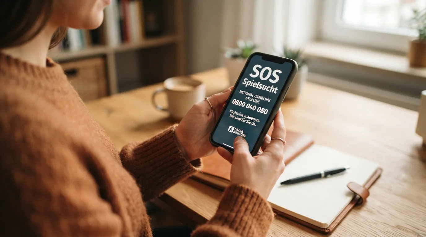 Eine helfende Hand vor einem Bildschirm, der die nationale Spielsucht-Helpline 0800 040 080 und das Logo von SOS Spielsucht zeigt