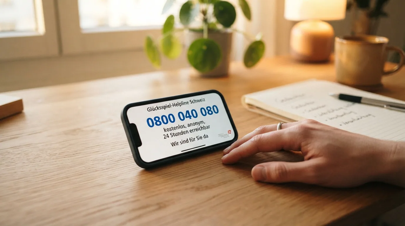 Ein Smartphone-Bildschirm mit der eingespeicherten Nummer 0800 040 080 und dem Schriftzug «Spielsucht-Helpline – kostenlos, anonym, 24 Stunden»