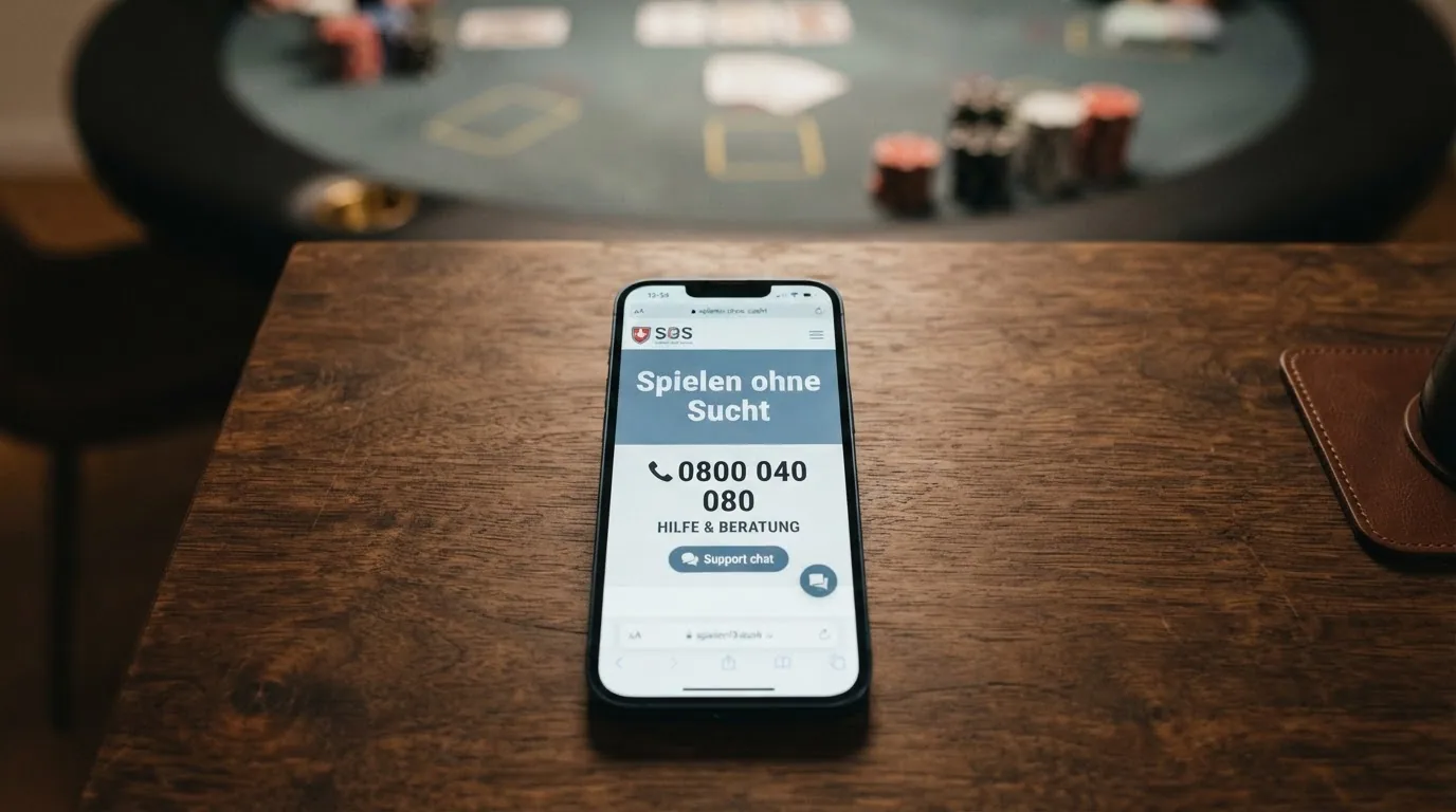 Beratungsgespräch-Symbol mit Schweizer Helpline-Nummer 0800 040 080, dahinter ein dezent ausgegrauter Pokertisch