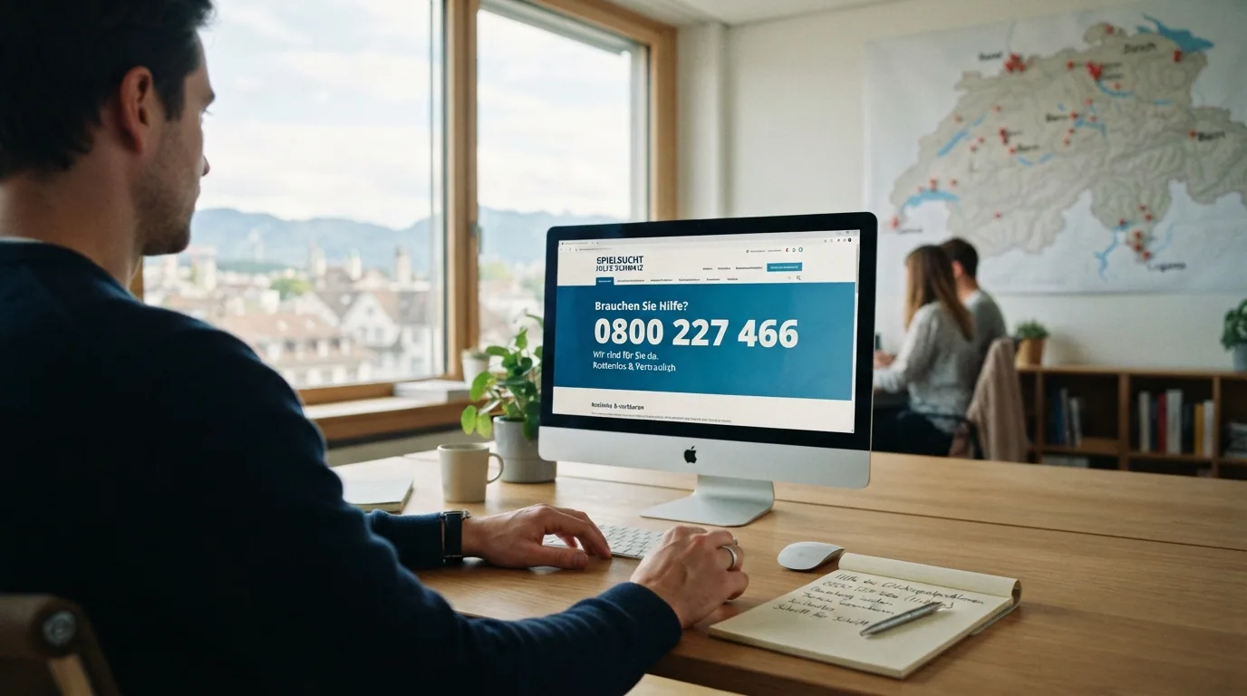 Das Logo von SOS Spielsucht mit der Hotline-Nummer, daneben eine helfende Hand, im Hintergrund eine Schweizer Landkarte mit markierten Hilfsstellen